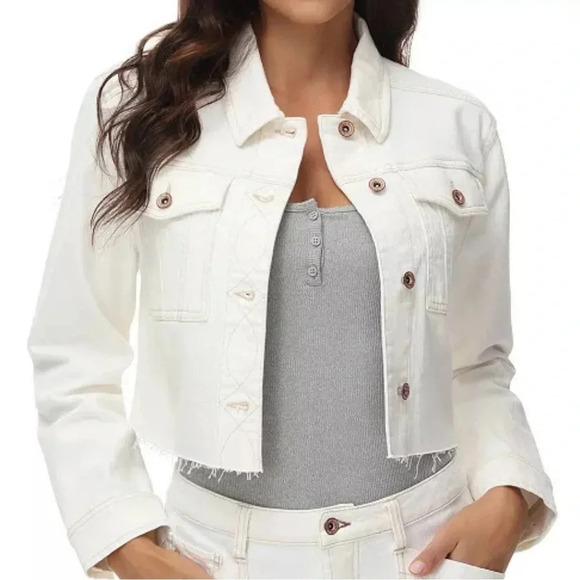 Frye Women's Cropped Raw-Hem Denim Jacket Off white Size M NWT Jean jacket - Picture 1 of 14
